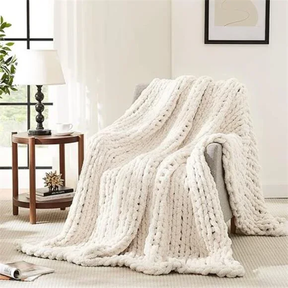 Chunky Knit Blanket Throw,Soft Chenille Throw 50x60，Handmade